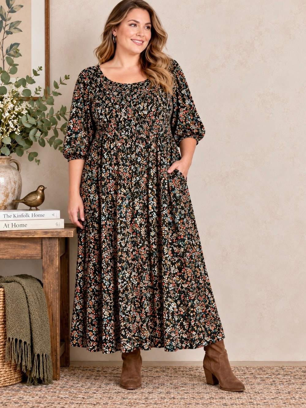 Black Ditsy Floral Smocked Puff Sleeve Dress with Pockets 2X